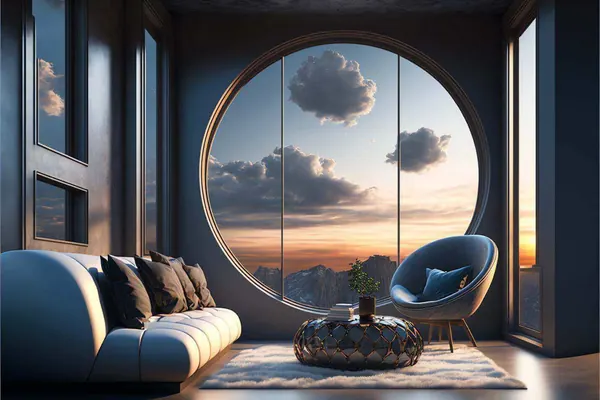 Sala de estar com grande janela redonda e sofá escuro
