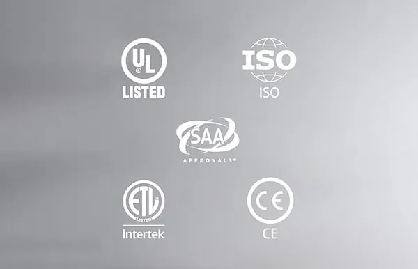 Marcas de certificação UL, ISO, SAA, ETL e CE