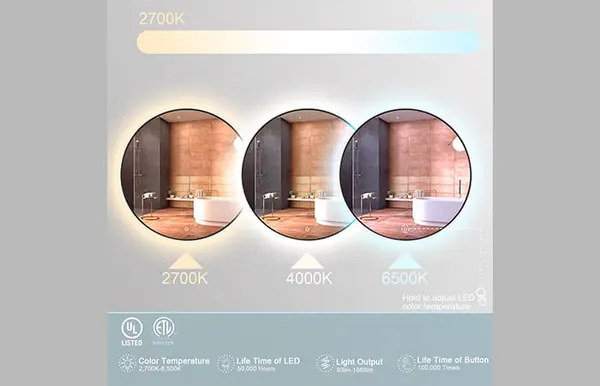 Três espelhos redondos com luz a 2700 K, 4000 K e 6500 K