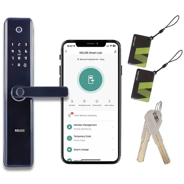 Fechadura Keliss Astra AT010 com smartphone, cartões e chaves